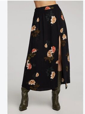 Saltwater Luxe Narissa Black Floral High-Slit Maxi Skirt Small